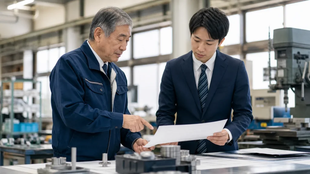 前橋市周辺の製造業M&Aで事業承継資料を確認する経営者と担当者