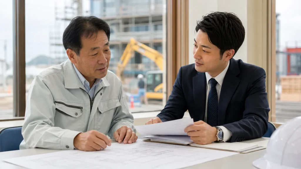 前橋市周辺の建設業M&Aで承継資料を確認する経営者と担当者