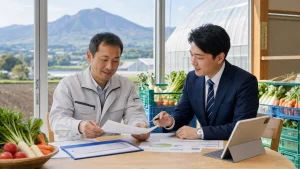 前橋・群馬の農業法人M&Aについて農場事務所で農業経営者と支援者が相談している写真調画像