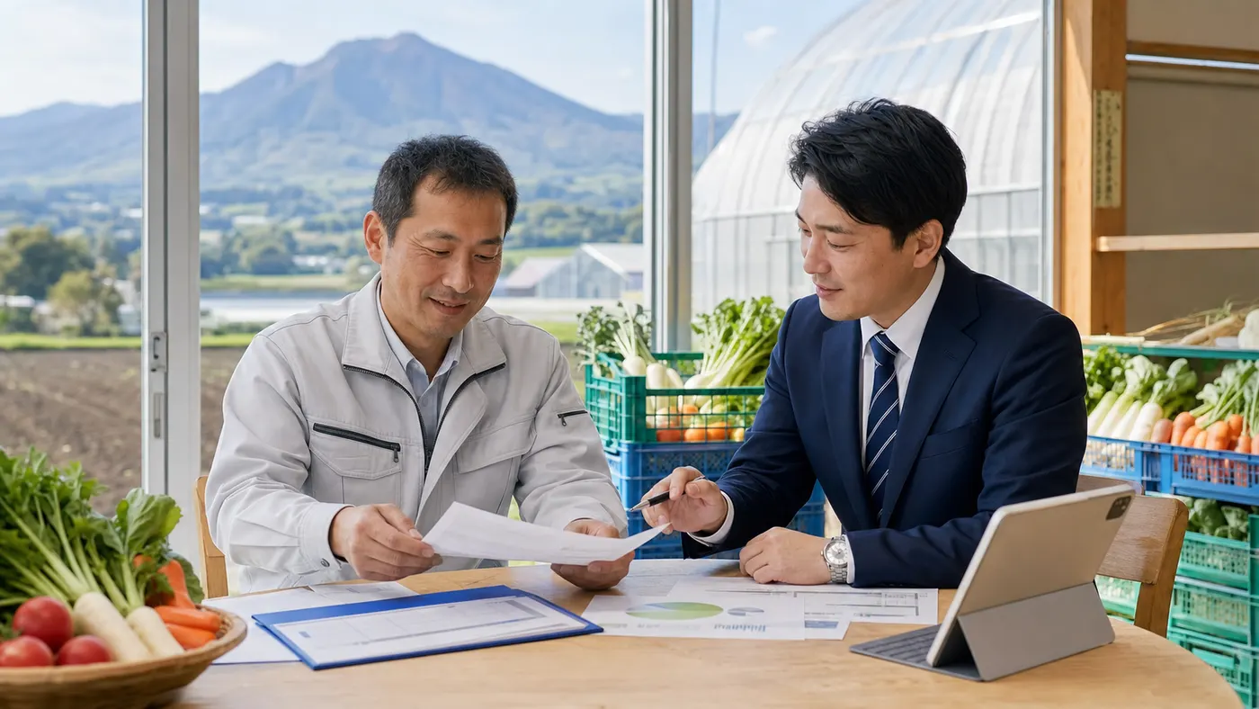 前橋・群馬の農業法人M&Aについて農場事務所で農業経営者と支援者が相談している写真調画像