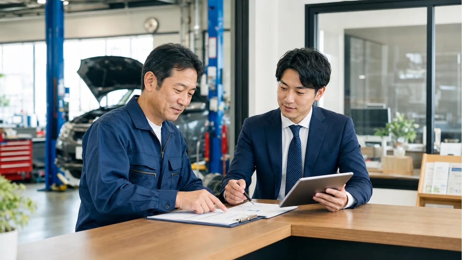 前橋・群馬の自動車整備業M&Aについて整備工場の経営者と支援者が相談している写真調画像
