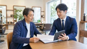 前橋・群馬の美容室M&Aについてサロン経営者と支援者が店内で相談している写真調画像