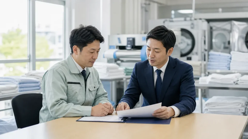 前橋・群馬のクリーニング業M&Aについてリネンサプライ工場で経営者と支援者が相談している写真調画像