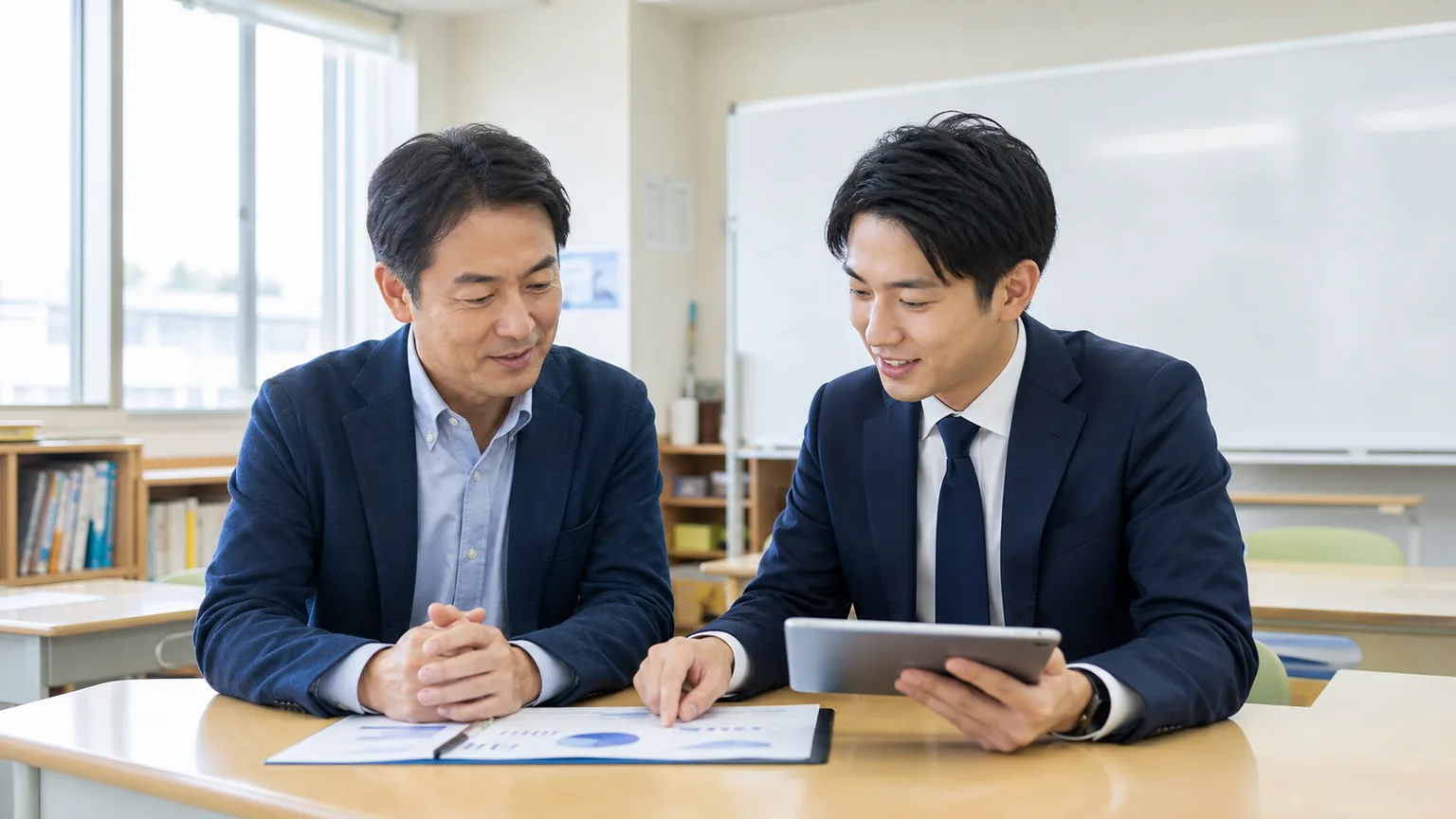 前橋・群馬の学習塾M&Aについて塾経営者と支援者が教室で相談している写真調画像