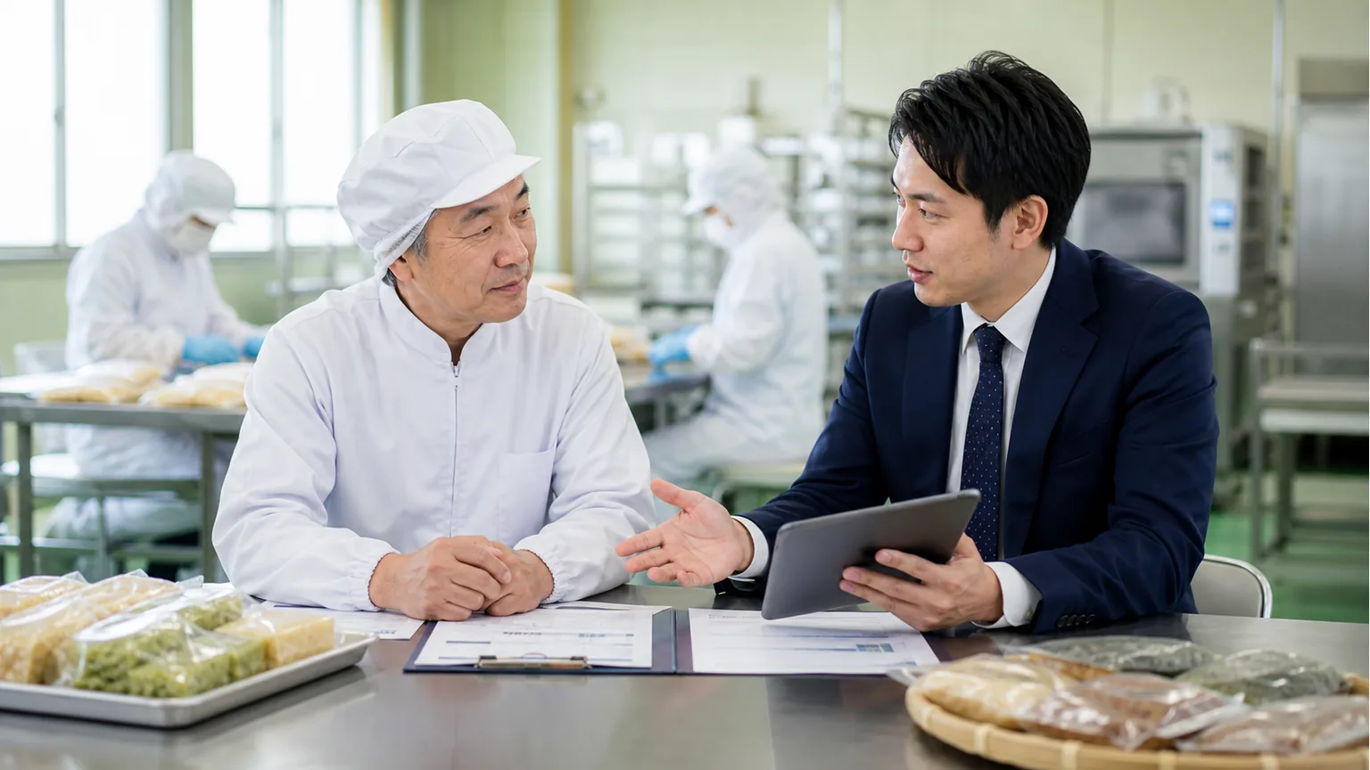 前橋・群馬の食品製造業M&Aについて食品加工会社の経営者と支援者が工場で相談している写真調画像