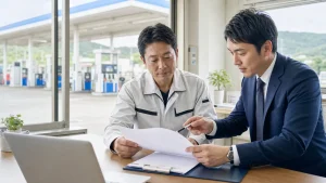 前橋・群馬のガソリンスタンドM&Aについて燃料販売業の経営者と支援者が店舗事務所で相談している写真調画像