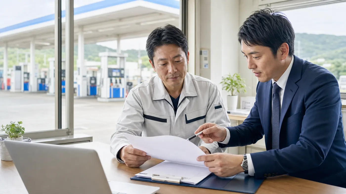 前橋・群馬のガソリンスタンドM&Aについて燃料販売業の経営者と支援者が店舗事務所で相談している写真調画像