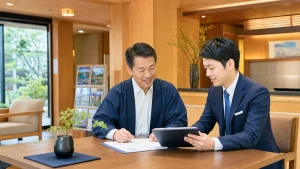 前橋・群馬の宿泊業M&Aについて旅館ホテル経営者と支援者がロビーで相談している写真調画像
