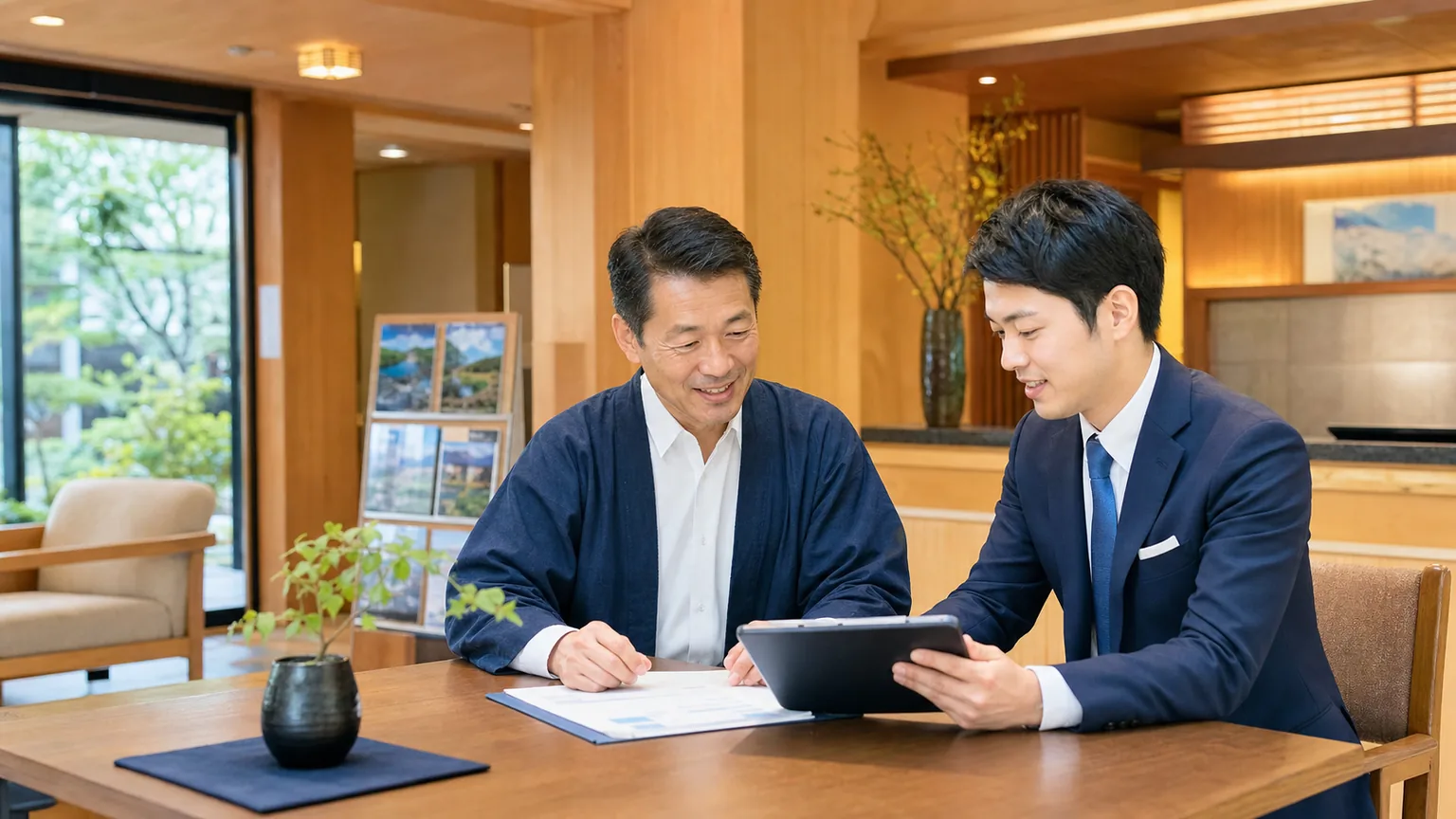 前橋・群馬の宿泊業M&Aについて旅館ホテル経営者と支援者がロビーで相談している写真調画像