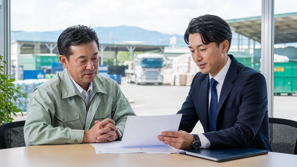 前橋・群馬の産業廃棄物処理業M&Aについて処理施設で経営者と支援者が相談している写真調画像