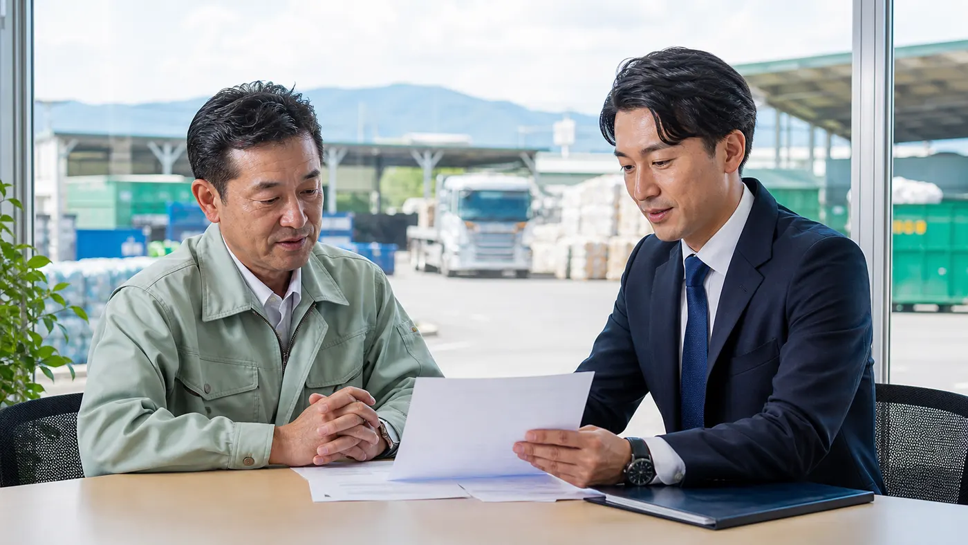前橋・群馬の産業廃棄物処理業M&Aについて処理施設で経営者と支援者が相談している写真調画像