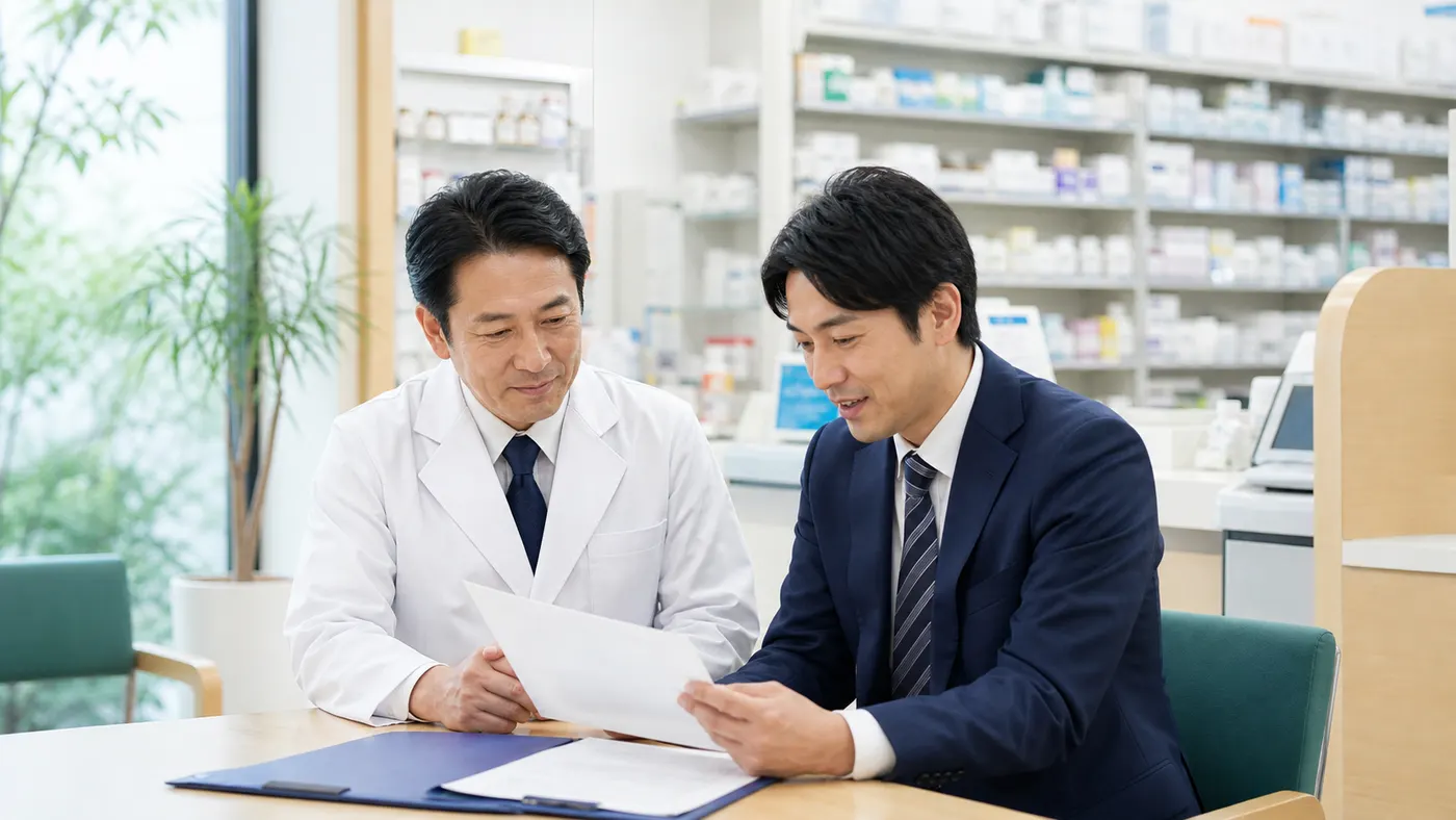 前橋・群馬の調剤薬局M&Aについて薬局内で薬剤師経営者と支援者が相談している写真調画像