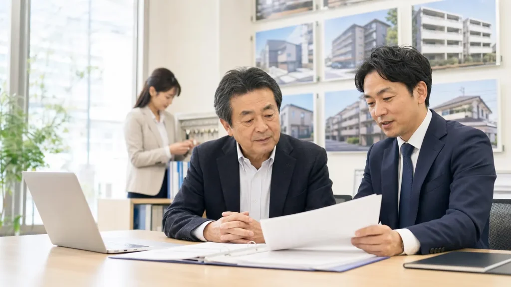 前橋・群馬の不動産仲介・賃貸管理M&Aについて不動産会社の経営者と支援者が相談している写真調画像