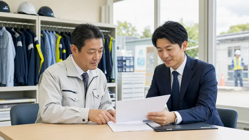 前橋・群馬の警備業M&Aについて警備会社の経営者と支援者が事務所で相談している写真調画像
