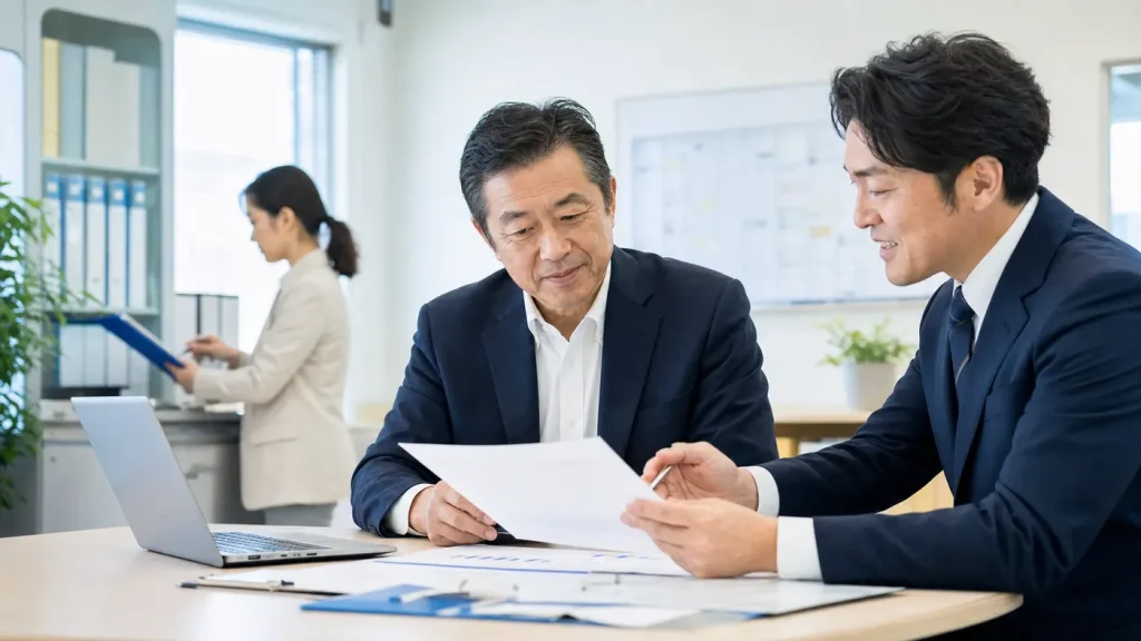 前橋・群馬の人材派遣・職業紹介M&Aについて人材サービス会社の経営者と支援者が相談している写真調画像