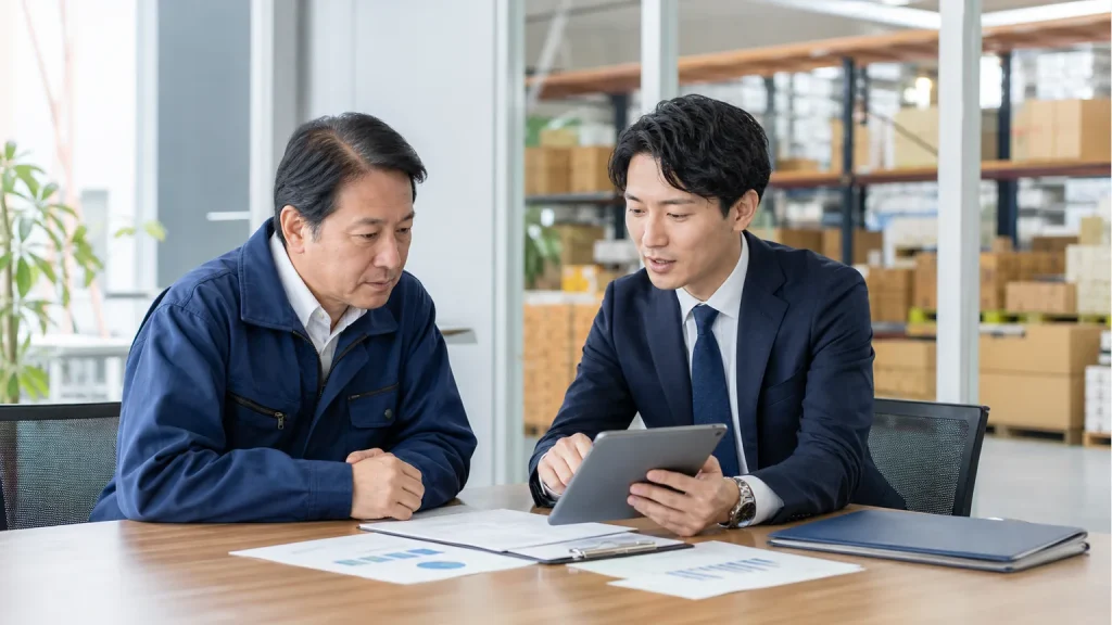 前橋・群馬の卸売業M&Aについて地域企業の経営者と支援者が倉庫併設オフィスで相談している写真調画像