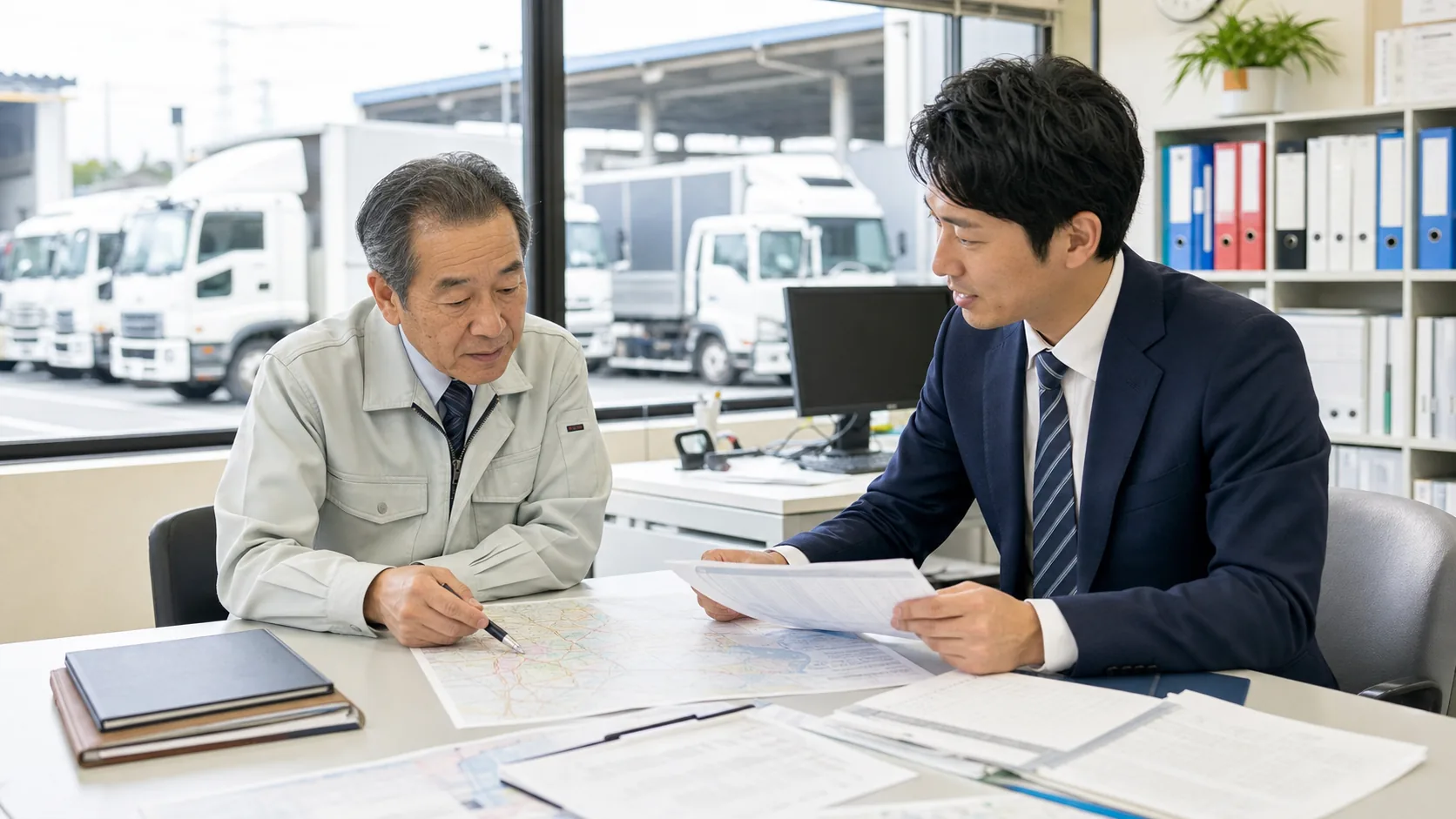 前橋市周辺の運送業M&Aで承継資料を確認する経営者と担当者