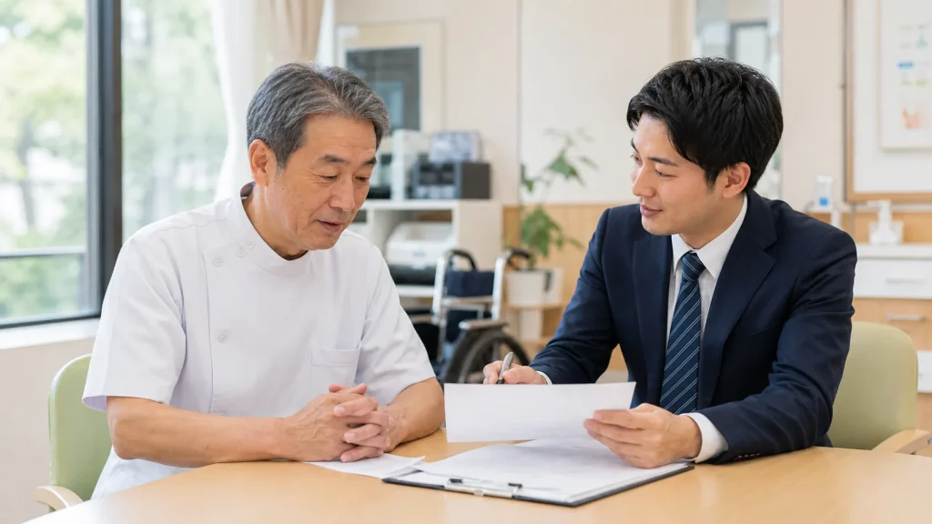 前橋市周辺の医療介護M&Aで承継資料を確認する経営者と担当者