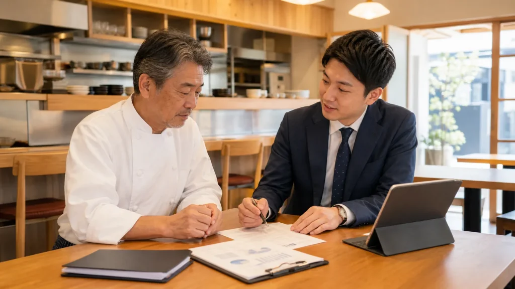 前橋市周辺の飲食店M&Aで承継資料を確認する経営者と担当者
