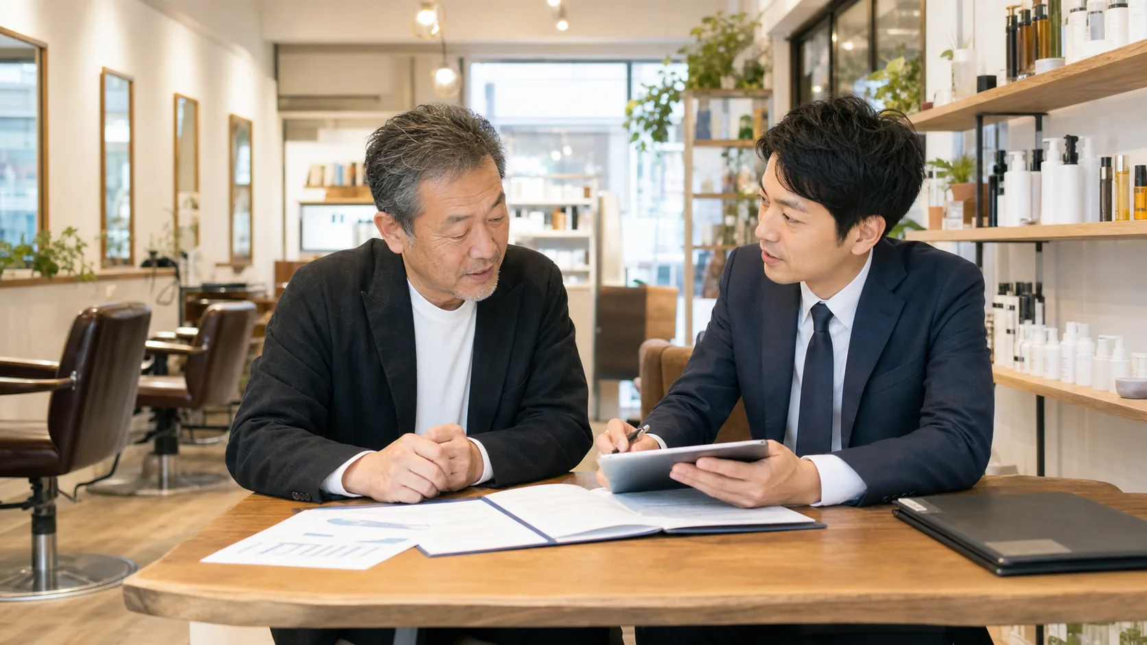 前橋市周辺の店舗サービスM&Aで承継資料を確認する経営者と担当者