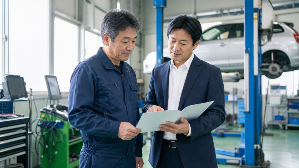 前橋・群馬の自動車整備工場M&Aについて整備工場経営者と支援者が相談している写真調画像