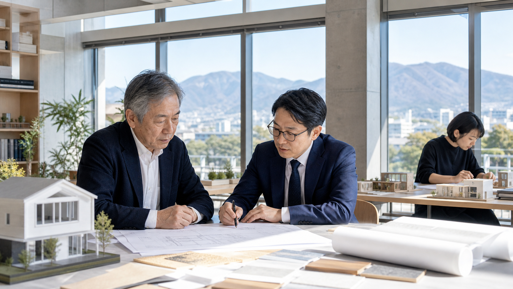 前橋・群馬の建築設計事務所M&Aについて事務所経営者と支援者が図面を確認している写真調画像