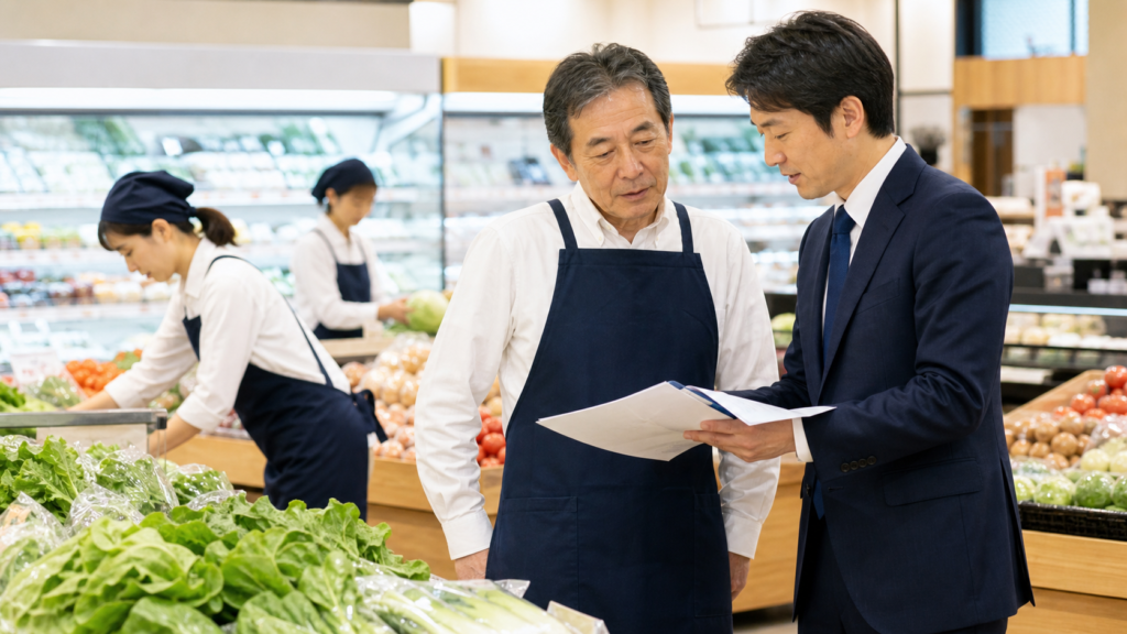 前橋・群馬の食品スーパー・地域小売店M&Aについて店舗経営者と支援者が相談している写真調画像