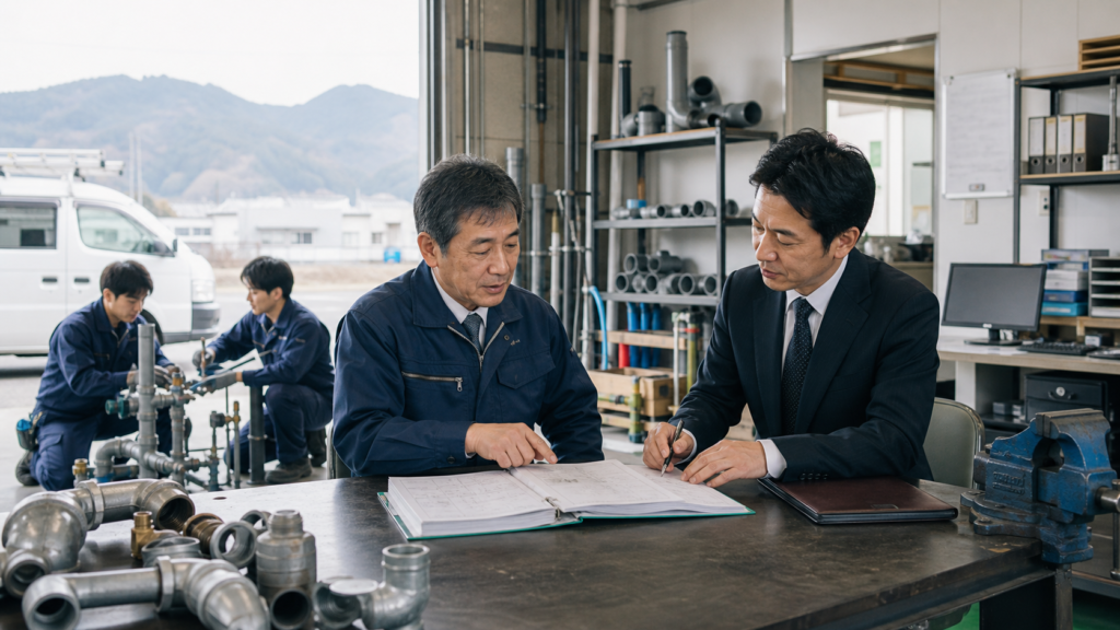 前橋・群馬の管工事・給排水設備会社M&Aについて経営者と支援者が相談している写真調画像