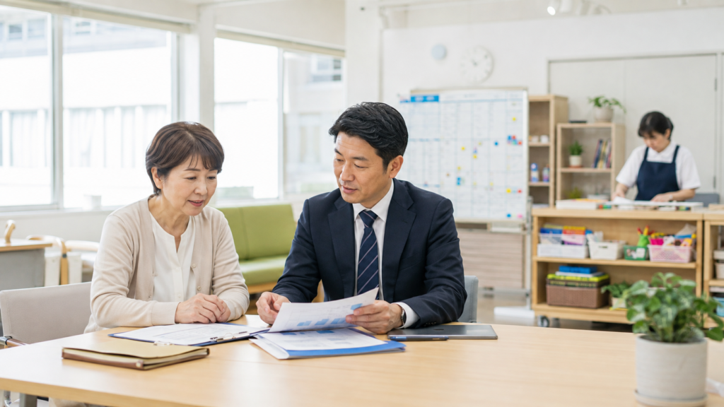 前橋・群馬の障害福祉サービス事業所で経営者と支援者が事業承継を相談している写真調画像