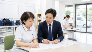前橋・群馬の訪問看護ステーションで経営者と支援者が事業承継を相談している写真調画像