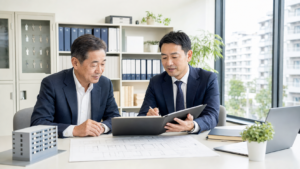 前橋・群馬の賃貸管理会社で経営者と支援者が管理契約の承継を相談している写真調画像